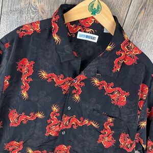Canyon River Blues Dragon Print Short Sleeve Button Up Shirt Y2K Black Red XL
